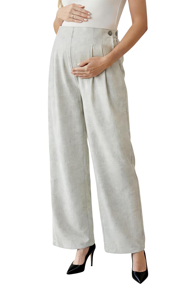 OUGES Linen Maternity Work Pants Women Casual Adjustable Waist Straight Wide Leg Business Office Trousers with Pockets(Linen,M) - Image 1