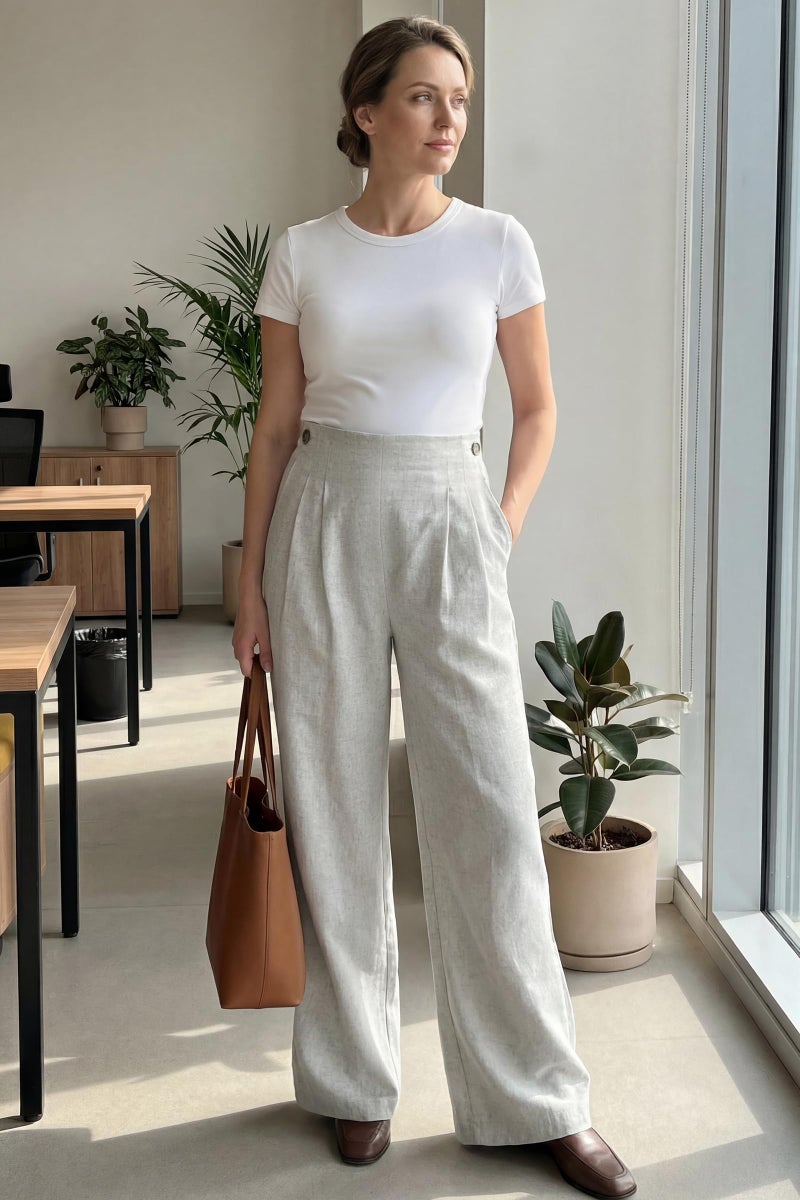OUGES Linen Maternity Work Pants Women Casual Adjustable Waist Straight Wide Leg Business Office Trousers with Pockets(Linen,M) - Image 4