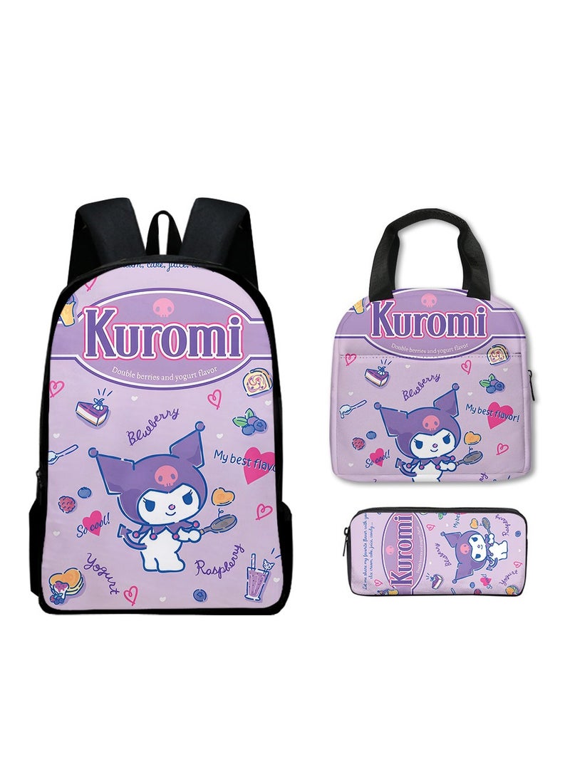 مجموعة حقيبة ظهر Sanrio Kuromi للصبيان، تشمل حقيبة مدرسية، وحقيبة غداء للأطفال، وحافظة أقلام