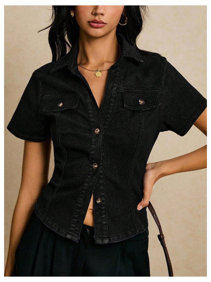 OYOANGLE Women's Button Down Denim Blouse Short Sleeve Collared Fitted Jean Jacket Y2K Going Out Top Black M - Image 4