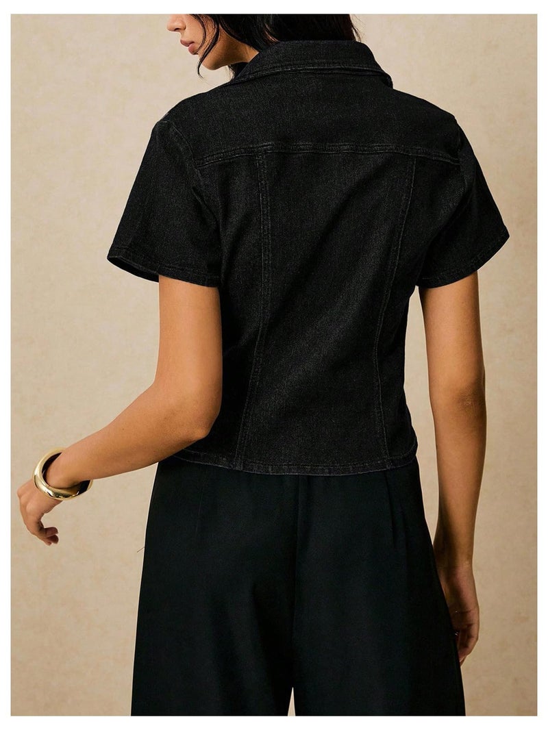 OYOANGLE Women's Button Down Denim Blouse Short Sleeve Collared Fitted Jean Jacket Y2K Going Out Top Black M - Image 2