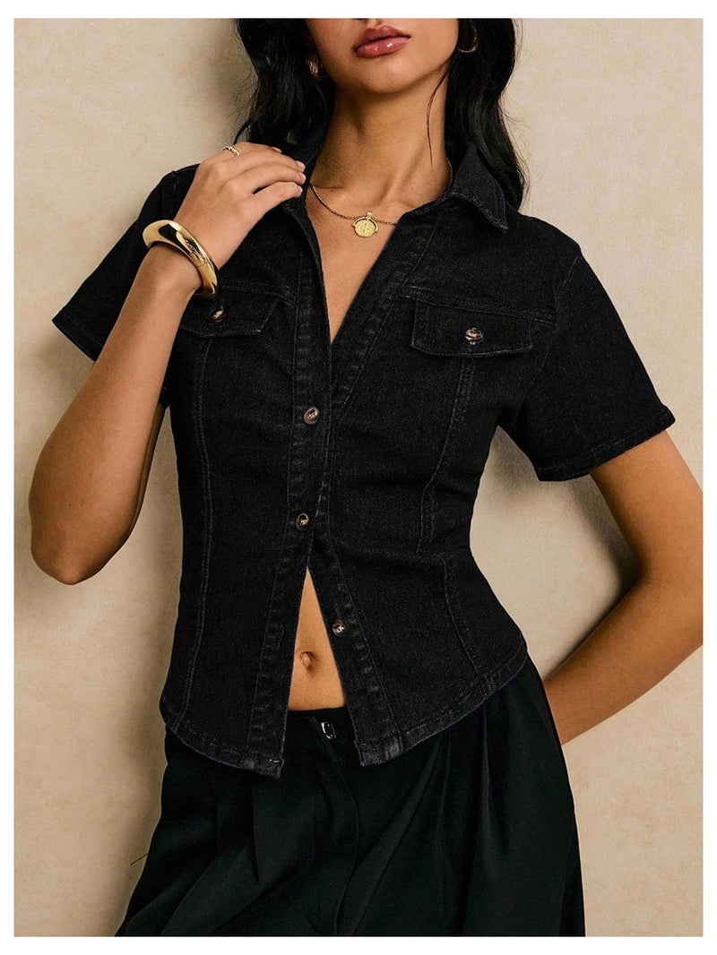OYOANGLE Women's Button Down Denim Blouse Short Sleeve Collared Fitted Jean Jacket Y2K Going Out Top Black M - Image 5