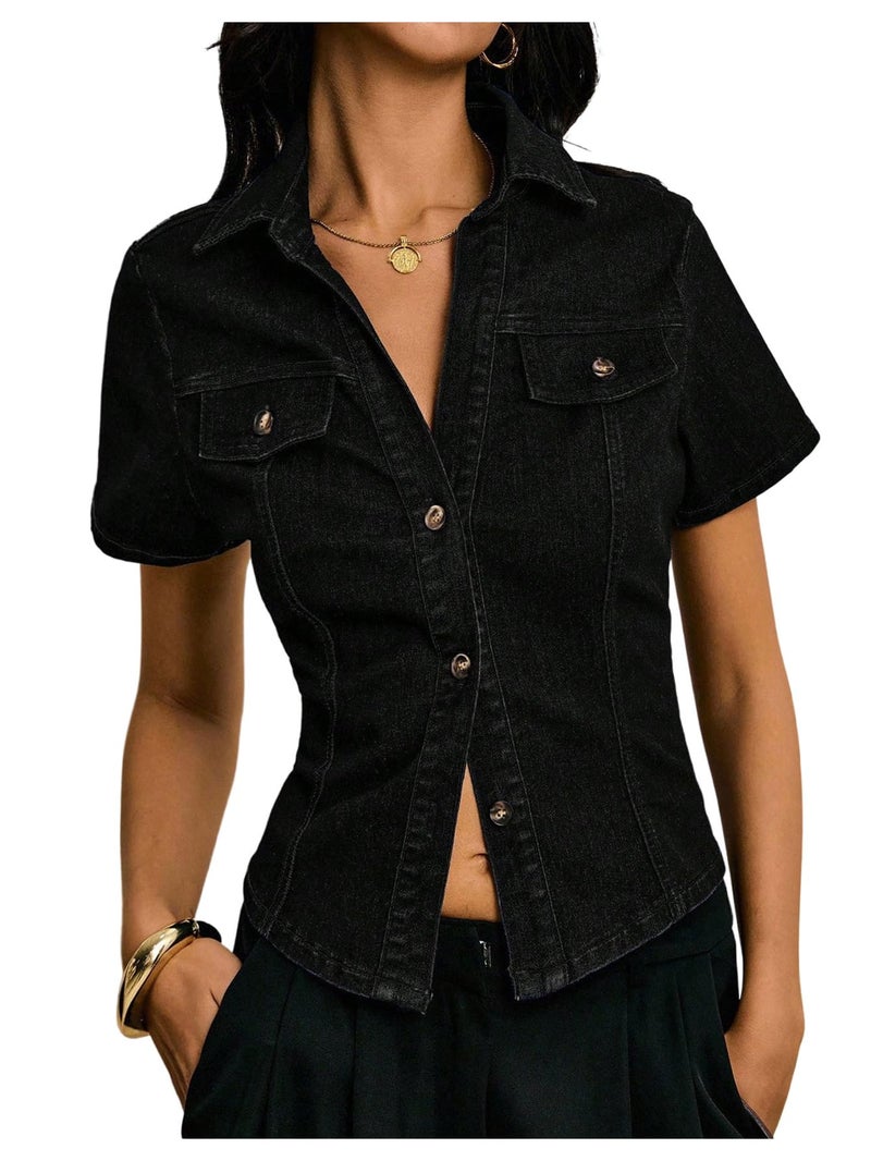 OYOANGLE Women's Button Down Denim Blouse Short Sleeve Collared Fitted Jean Jacket Y2K Going Out Top Black M - Image 1