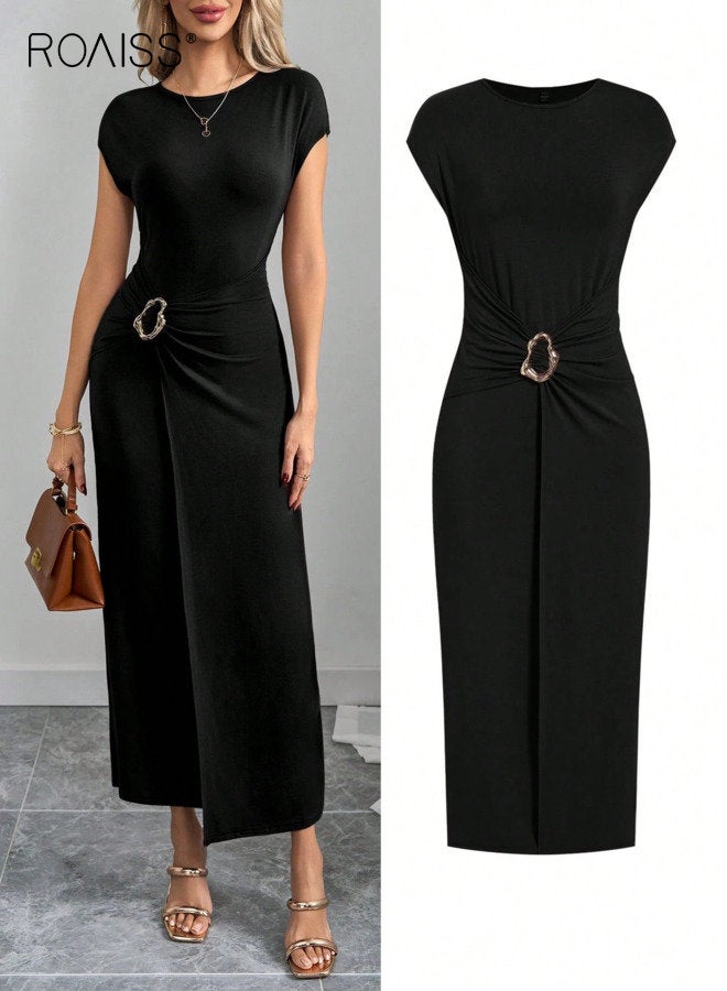 رويس فستان نسائي قصير الأكمام بلون سادة ورقبة دائرية وخصر مرتفع وتنحيف متوسط الطول، فستان صيفي ملفوف بقصّة منحنيات، فستان ضيق مناسب للعطلات في الشارع، فستان حفلات أسود - Image 2