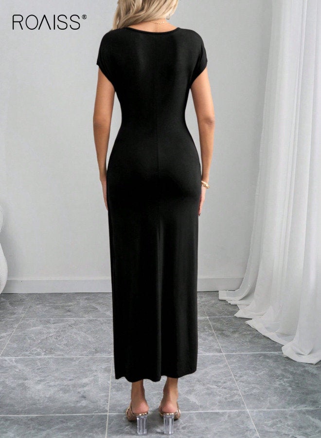 رويس فستان نسائي قصير الأكمام بلون سادة ورقبة دائرية وخصر مرتفع وتنحيف متوسط الطول، فستان صيفي ملفوف بقصّة منحنيات، فستان ضيق مناسب للعطلات في الشارع، فستان حفلات أسود - Image 3
