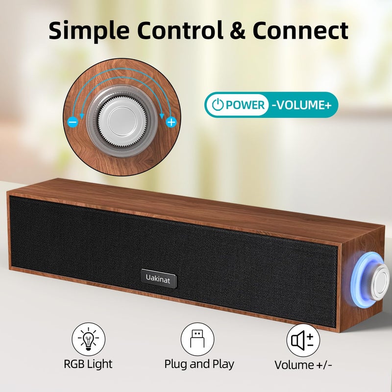 Uakinat Computer Speakers,Wooden Multimedia Digital Speaker,USB Powered 3.5mm AUX PC Speakers,Surround Sound Portable Computer Sound Bar Speaker for Desktop Laptop (Brown) - Image 4