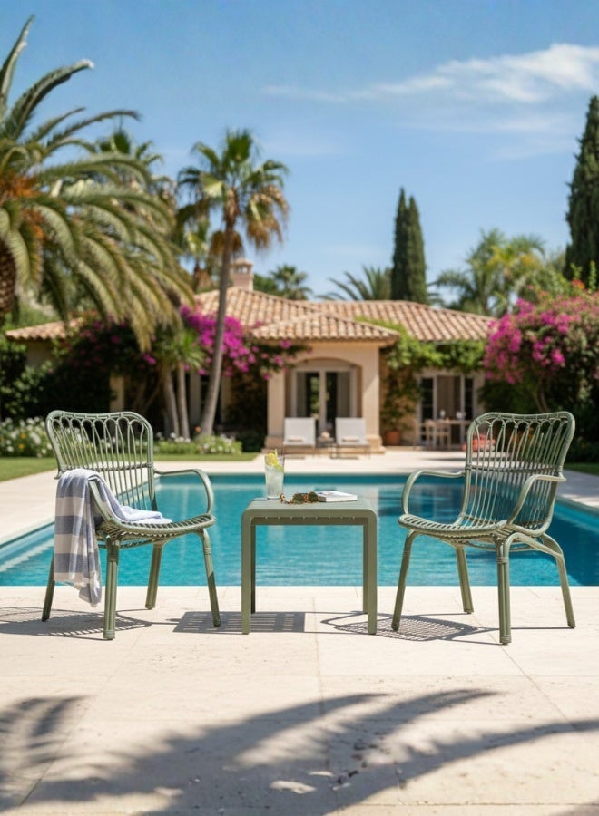 Marcolo 3-Piece Outdoor Bistro Set – Contemporary Fiberglass-Reinforced Chairs with Matching Coffee Table – Weather-Resistant Patio & Balcony Seating (Olive Green) - Image 1