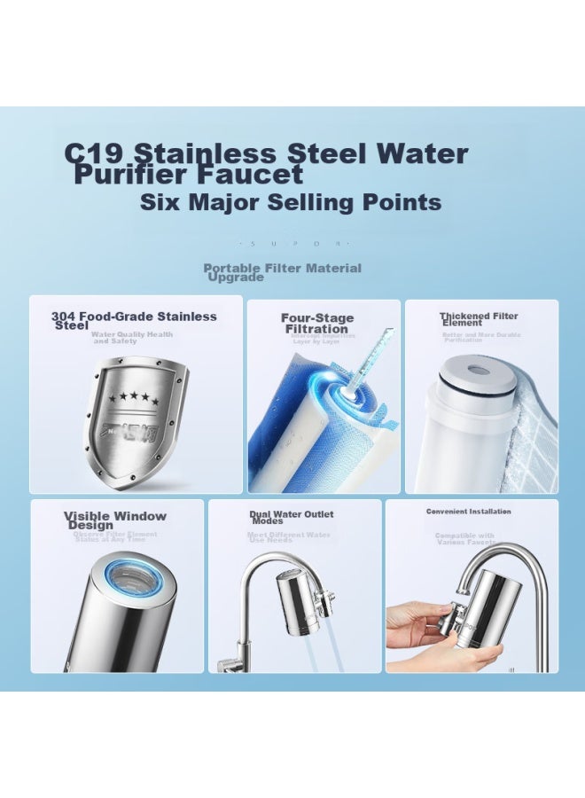Supor Water Purifier Faucet, Household Kitchen Tap Water Filter, Water Purification Machine, Filter Cartridge, Visible Stainless Steel, One Machine With Six Cartridges Set, C19 - Image 1