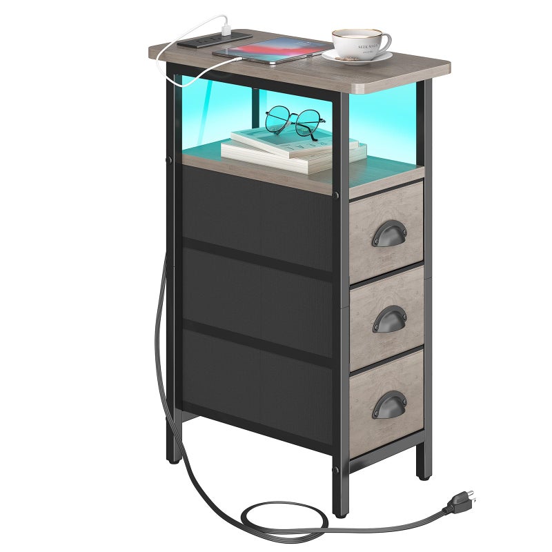 sthmec End Table with Charging Station,LED Side Tables with USB Ports and Outlets,Skinny Bedside Tables with 3 Drawers,Small Tabls Nightstands for Small Space,Slim Sofa Table for Livingroom, Grey - Image 1