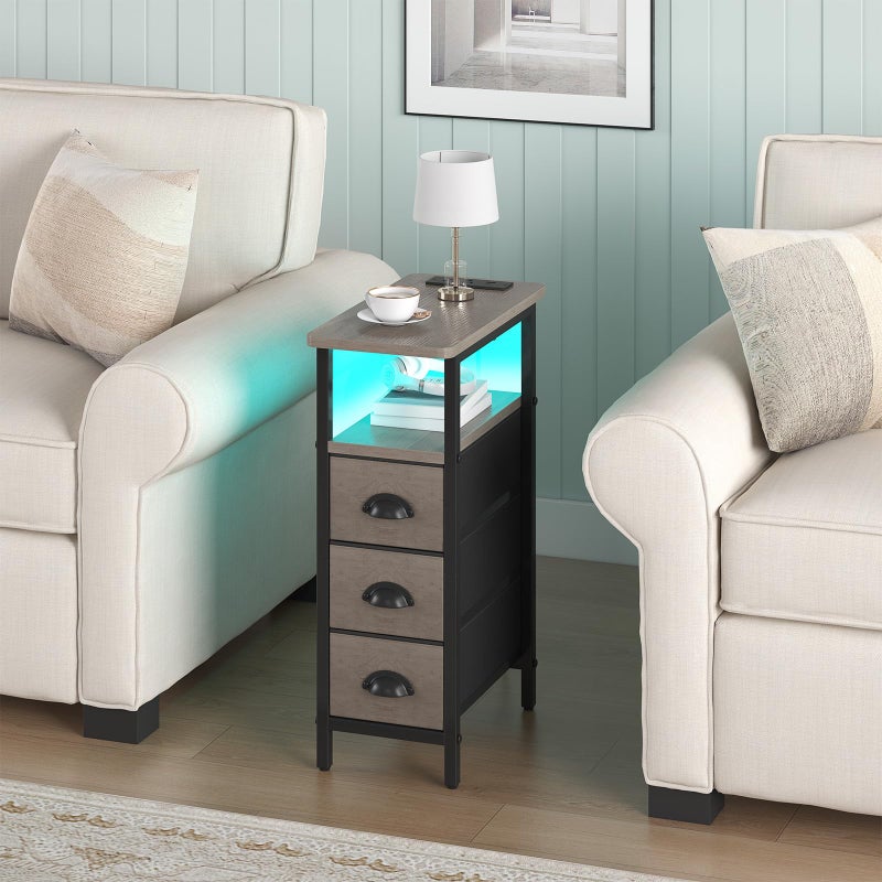 sthmec End Table with Charging Station,LED Side Tables with USB Ports and Outlets,Skinny Bedside Tables with 3 Drawers,Small Tabls Nightstands for Small Space,Slim Sofa Table for Livingroom, Grey - Image 2