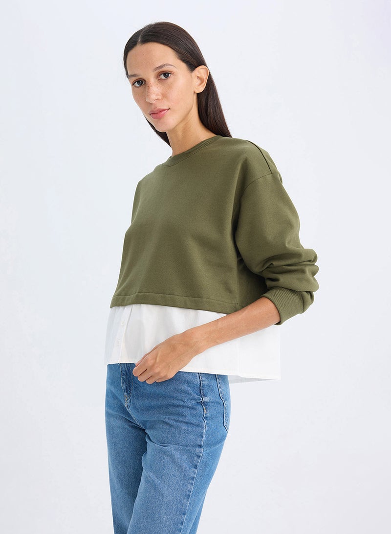 DeFacto Relax Fit Crew Neck Hem Detailed Basic Sweatshirt  - Image 3