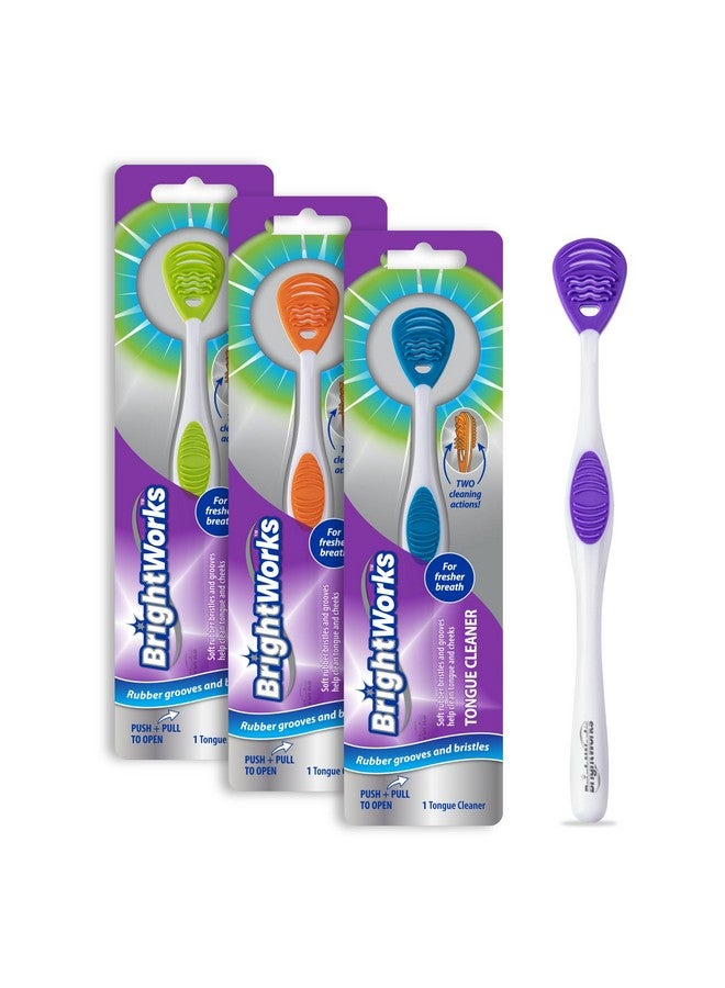 BrightWorks Tongue Cleaner (3-Pack) with Gentle Cheek Scraper. Two-Sided Head with Dual Action Cleaning for Fresh Breath. - Image 1