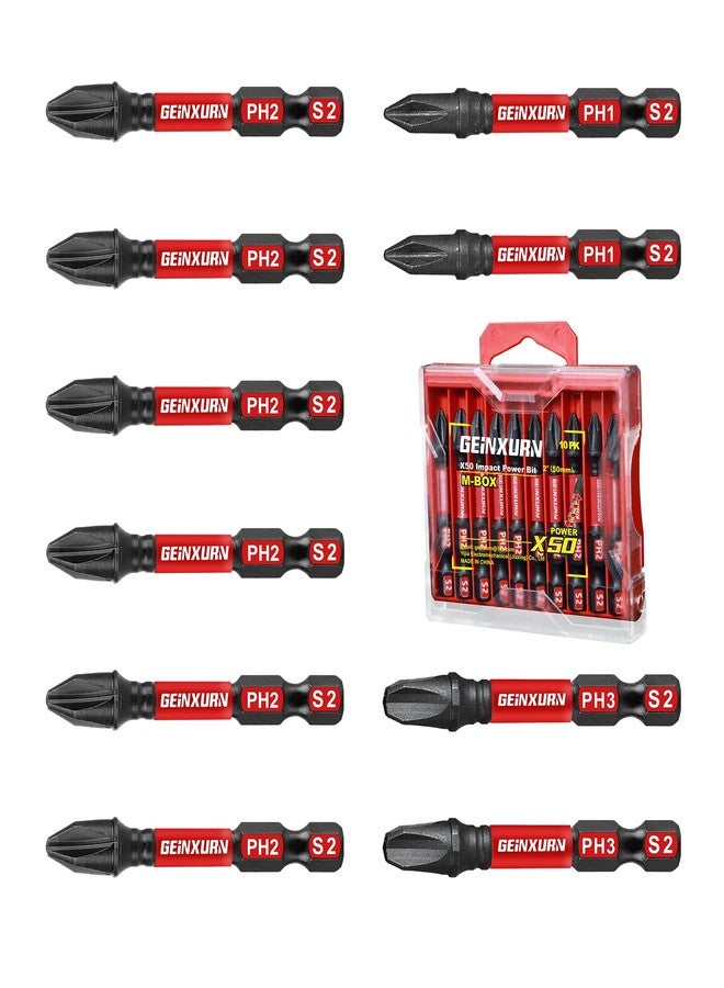 Geinxurn Impact Tough 2 in. (PH1/PH2/PH3) Screwdriver Bits Set,10Pack Magnetic S2 Steel Phillips Power Driver Bits with Storage M-Box - Image 1