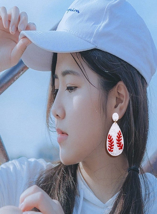 NLCAC Beaded Baseball Teardrop Earrings Handmade Statement Beaded Drop Dangle Earrings Sports Earrings Holiday Party Game Jewelry for Women White - Image 3