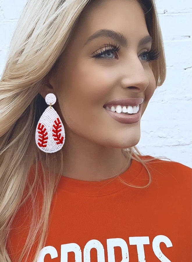 NLCAC Beaded Baseball Teardrop Earrings Handmade Statement Beaded Drop Dangle Earrings Sports Earrings Holiday Party Game Jewelry for Women White - Image 2