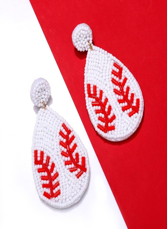 NLCAC Beaded Baseball Teardrop Earrings Handmade Statement Beaded Drop Dangle Earrings Sports Earrings Holiday Party Game Jewelry for Women White - Image 4