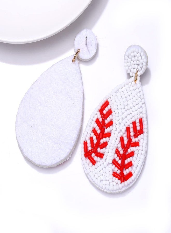 NLCAC Beaded Baseball Teardrop Earrings Handmade Statement Beaded Drop Dangle Earrings Sports Earrings Holiday Party Game Jewelry for Women White - Image 5