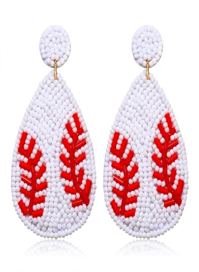 NLCAC Beaded Baseball Teardrop Earrings Handmade Statement Beaded Drop Dangle Earrings Sports Earrings Holiday Party Game Jewelry for Women White - Image 1