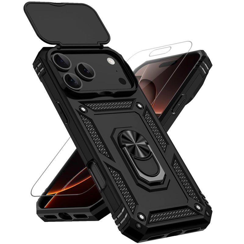 PUSHIMEI for iPhone 17 Pro Max Case, with Slide Camera Cover HD Screen Protector [Military Grade 16ft. Drop Tested] Ring Holder Kickstand Protective Phone Case for Apple iPhone 17 Pro Max, Black - Image 1