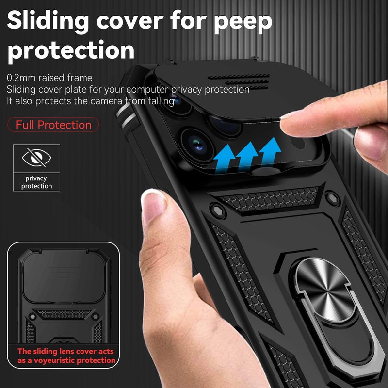 PUSHIMEI for iPhone 17 Pro Max Case, with Slide Camera Cover HD Screen Protector [Military Grade 16ft. Drop Tested] Ring Holder Kickstand Protective Phone Case for Apple iPhone 17 Pro Max, Black - Image 3