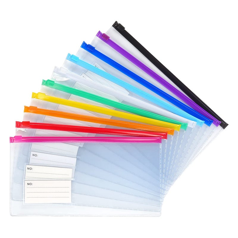 Tamaki 10 Pack Zipper Plastic Envelopes, Small Plastic Envelopes, A6 Size for Pencil Case Bulk, Bill Bag, 10 Color (9x4.7 Inch) - Image 1