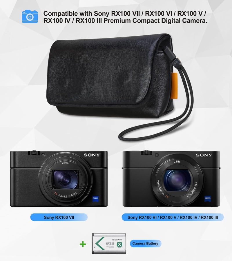 Lacdo Camera Case Bag for Sony RX100 VII/ RX100 VI/ RX100 V/RX100 IV/RX100 III Digital Camera, Soft Leather Protective Camera Travel Pouch Sleeve, Compact Sony RX100 Camera Bag with Wrist Strap, Black - Image 4