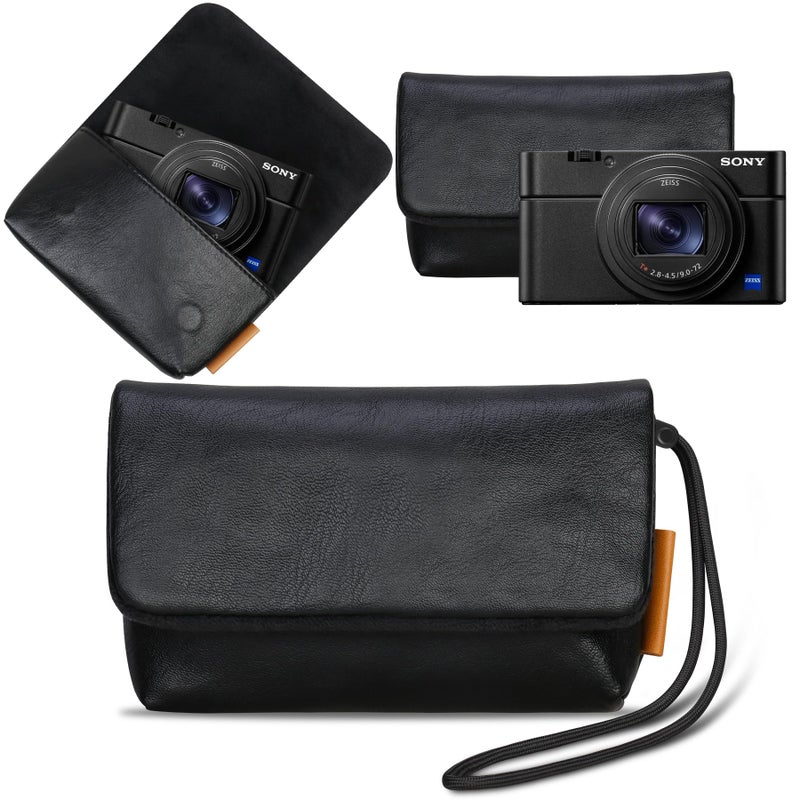 Lacdo Camera Case Bag for Sony RX100 VII/ RX100 VI/ RX100 V/RX100 IV/RX100 III Digital Camera, Soft Leather Protective Camera Travel Pouch Sleeve, Compact Sony RX100 Camera Bag with Wrist Strap, Black - Image 1