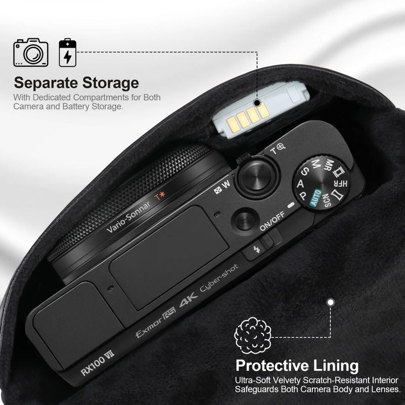 Lacdo Camera Case Bag for Sony RX100 VII/ RX100 VI/ RX100 V/RX100 IV/RX100 III Digital Camera, Soft Leather Protective Camera Travel Pouch Sleeve, Compact Sony RX100 Camera Bag with Wrist Strap, Black - Image 2