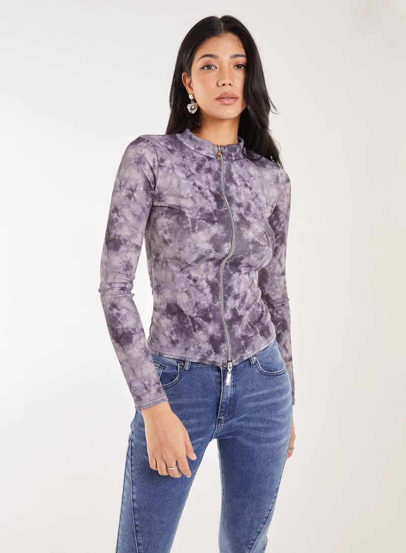 بينك فانيلا بلوزة بسحاب مزدوج بتأثير حمضي ممزق