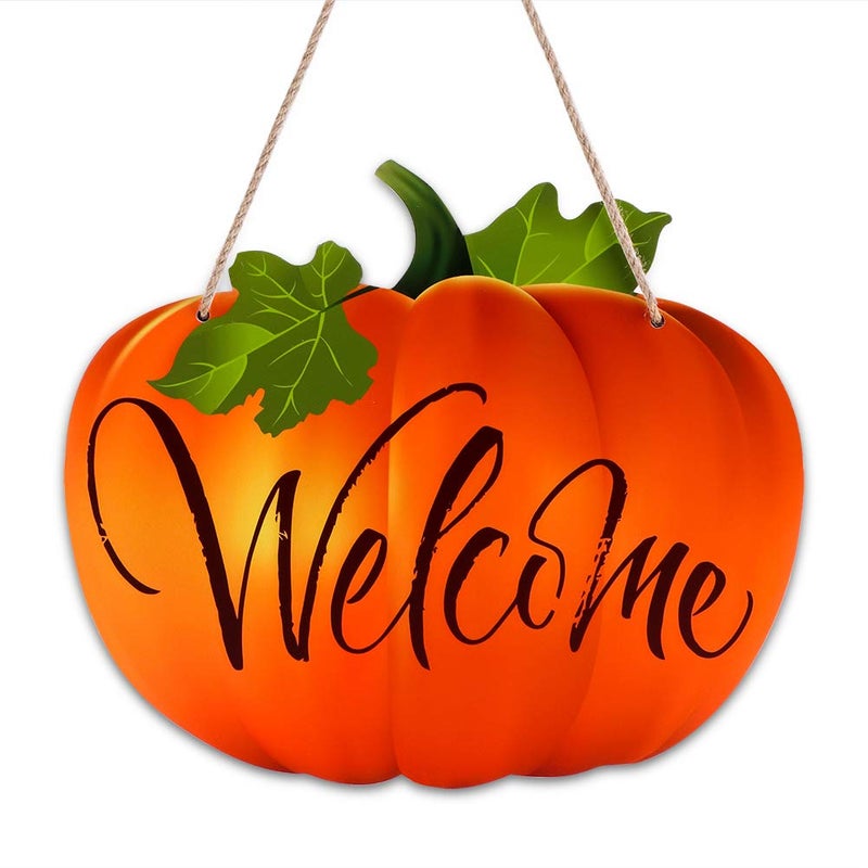 SICOHOME Pumpkin Welcome Sign for Front Door  9.3""x 11"" Thanksgiving Hanging Sign Fall Decorations for Halloween Autumn Harvest Thanksgiving Decoration Home House Kitchen Decor - Image 1