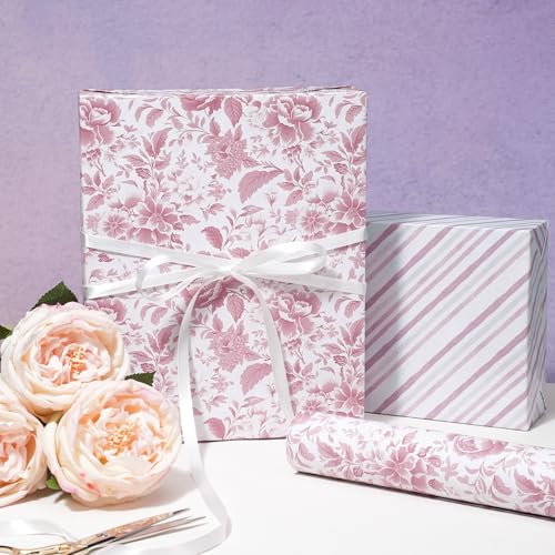 LaRibbons Pink Floral Wrapping Paper - Mini Roll, Reversible Chinoiserise Peony Flower & Striped Gift Wrap for Bridal Shower, Valentine's Day, Baby Shower, Wedding & Mother's Day, 17 Inch x 33 Feet - Image 2