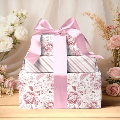 LaRibbons Pink Floral Wrapping Paper - Mini Roll, Reversible Chinoiserise Peony Flower & Striped Gift Wrap for Bridal Shower, Valentine's Day, Baby Shower, Wedding & Mother's Day, 17 Inch x 33 Feet - Image 5