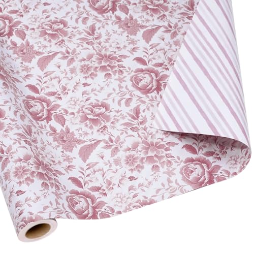 LaRibbons Pink Floral Wrapping Paper - Mini Roll, Reversible Chinoiserise Peony Flower & Striped Gift Wrap for Bridal Shower, Valentine's Day, Baby Shower, Wedding & Mother's Day, 17 Inch x 33 Feet - Image 1