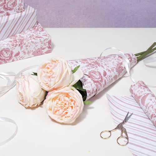 LaRibbons Pink Floral Wrapping Paper - Mini Roll, Reversible Chinoiserise Peony Flower & Striped Gift Wrap for Bridal Shower, Valentine's Day, Baby Shower, Wedding & Mother's Day, 17 Inch x 33 Feet - Image 4