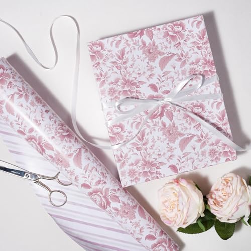 LaRibbons Pink Floral Wrapping Paper - Mini Roll, Reversible Chinoiserise Peony Flower & Striped Gift Wrap for Bridal Shower, Valentine's Day, Baby Shower, Wedding & Mother's Day, 17 Inch x 33 Feet - Image 3