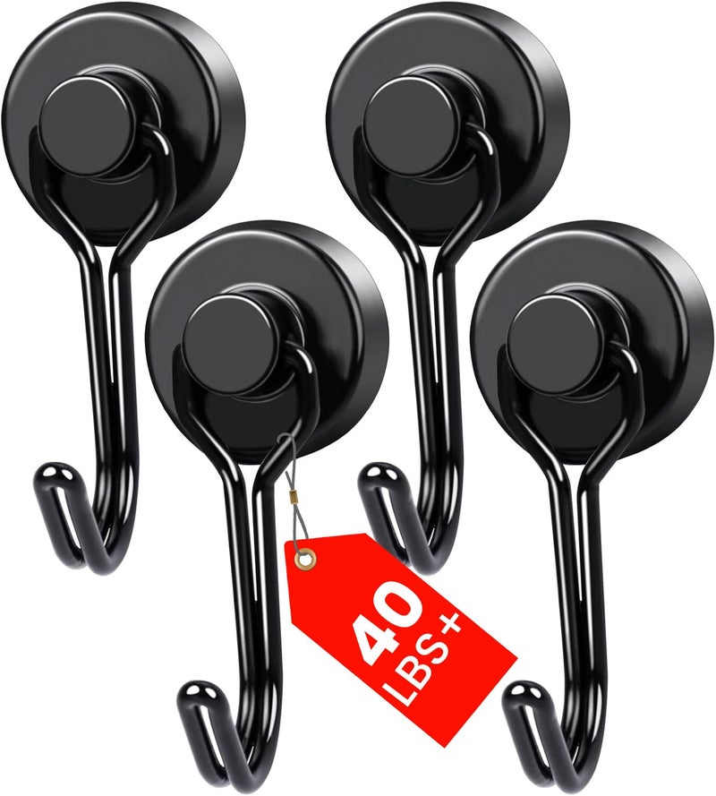 MIKEDE Magnetic Hooks 4 Pack, 40Lbs Heavy Duty Neodymium Magnet Hooks Black Magnetic Swivel Hooks for Hanging, Rust Proof Strong Magnets with Hook Magnetic Metal Hanger for Storage - Image 1