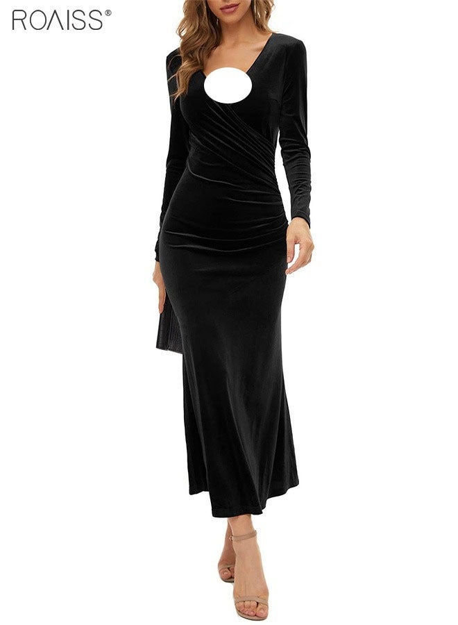 رويس فستان سهرة مخملي طويل الأكمام بياقة على شكل حرف V، تنورة بطول الكاحل بتصميم ذيل السمكة، مريح، يسمح بمرور الهواء، تنورة ضيقة بقصة قلم رصاص، فستان سهرة أسود سادة - Image 4