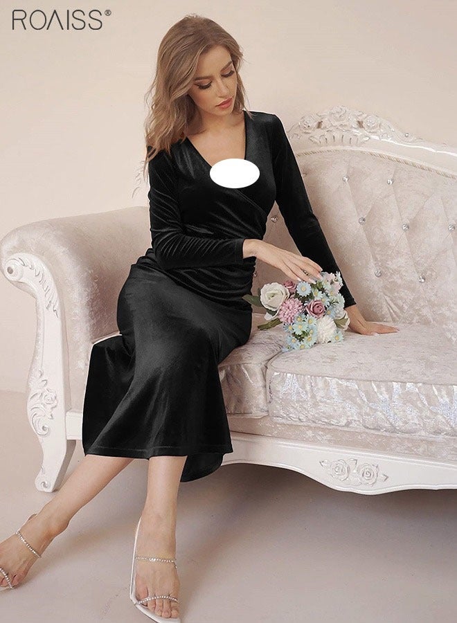 رويس فستان سهرة مخملي طويل الأكمام بياقة على شكل حرف V، تنورة بطول الكاحل بتصميم ذيل السمكة، مريح، يسمح بمرور الهواء، تنورة ضيقة بقصة قلم رصاص، فستان سهرة أسود سادة - Image 5
