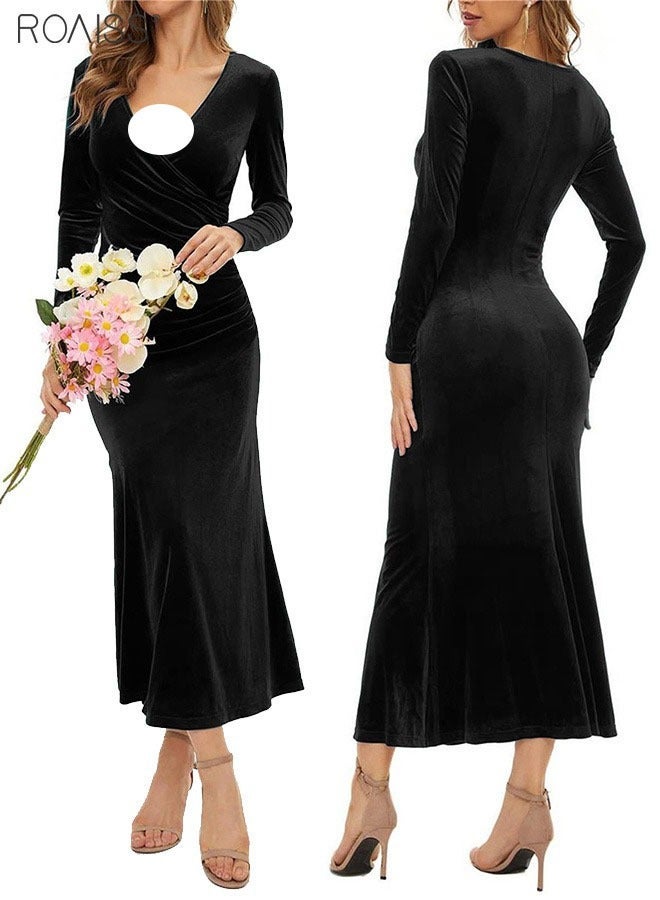 رويس فستان سهرة مخملي طويل الأكمام بياقة على شكل حرف V، تنورة بطول الكاحل بتصميم ذيل السمكة، مريح، يسمح بمرور الهواء، تنورة ضيقة بقصة قلم رصاص، فستان سهرة أسود سادة - Image 3