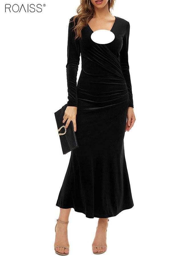 رويس فستان سهرة مخملي طويل الأكمام بياقة على شكل حرف V، تنورة بطول الكاحل بتصميم ذيل السمكة، مريح، يسمح بمرور الهواء، تنورة ضيقة بقصة قلم رصاص، فستان سهرة أسود سادة - Image 2