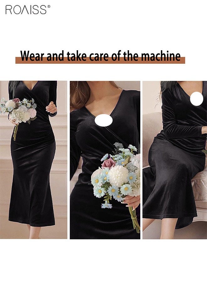 roaiss - Women's Velvet V Neck Long Sleeve Party Dress Ankle Length Fishtail Hip Dress - Image 1