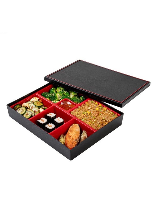 Restaurantware-12.2 x 9.8 x 2.4 Inch Compartment Lunch Container, 1 Japanese Style Adult Lunch Container - With 6 Compartments, Greaseproof, Black & Red Plastic Divided Lunch Box, Hot & Cold Food - Image 1