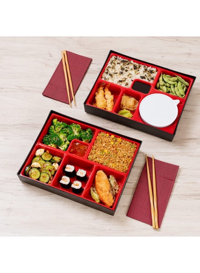 Restaurantware-12.2 x 9.8 x 2.4 Inch Compartment Lunch Container, 1 Japanese Style Adult Lunch Container - With 6 Compartments, Greaseproof, Black & Red Plastic Divided Lunch Box, Hot & Cold Food - Image 3