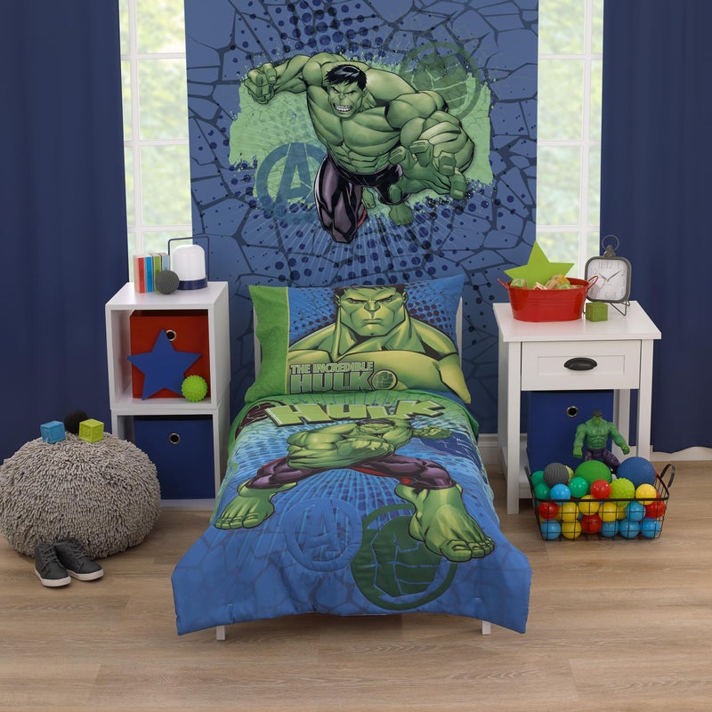 NoJo Marvel The Incredible Hulk Green, and Blue 4 Piece Toddler Bed Set - Comforter, Fitted Bottom Sheet, Flat Top Sheet, and Reversible Pillowcase - Image 1