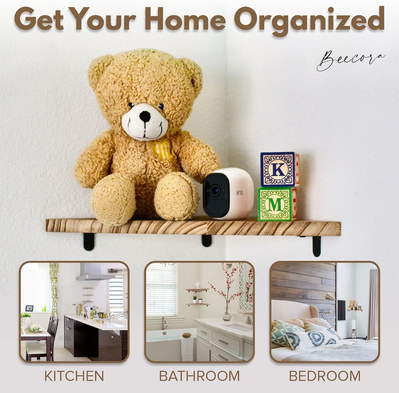 Beecora Corner Floating Wall Shelves- Home Decor [3PC Set] w/Bonus Level Rustic Real Wood Farmhouse Shelf for Bedroom Wall Mounted Living Room Bathroom Organizer in Kitchen Office Corner Shelf - Image 4
