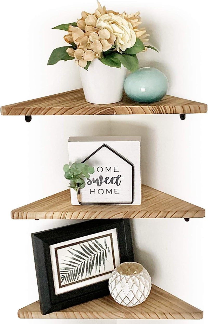 Beecora Corner Floating Wall Shelves- Home Decor [3PC Set] w/Bonus Level Rustic Real Wood Farmhouse Shelf for Bedroom Wall Mounted Living Room Bathroom Organizer in Kitchen Office Corner Shelf - Image 1