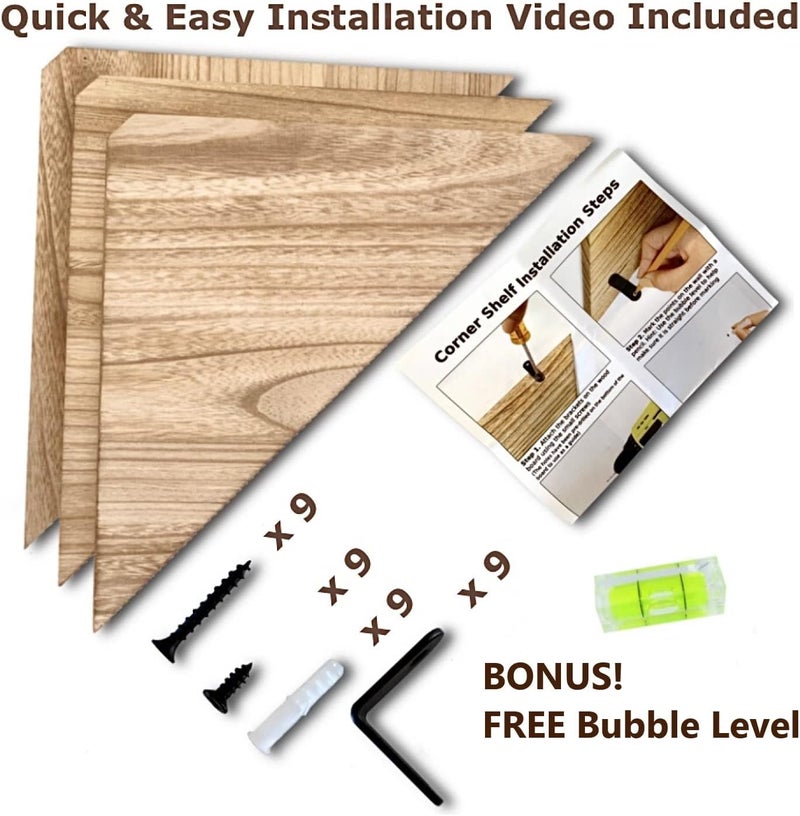 Beecora Corner Floating Wall Shelves- Home Decor [3PC Set] w/Bonus Level Rustic Real Wood Farmhouse Shelf for Bedroom Wall Mounted Living Room Bathroom Organizer in Kitchen Office Corner Shelf - Image 5