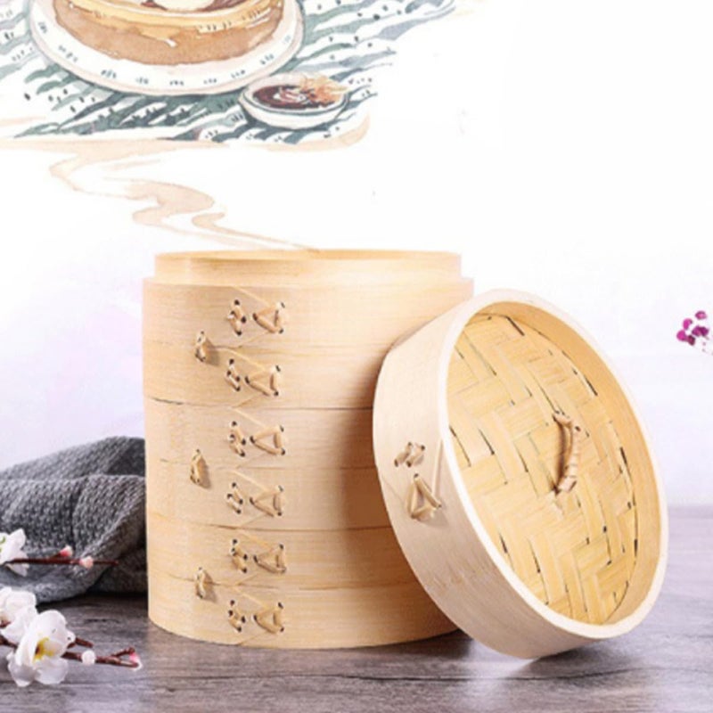13cm Bamboo Steamer Basket with Lid 2pcs for Dumplings Buns Dim Sum Chinese Cooking - Image 5