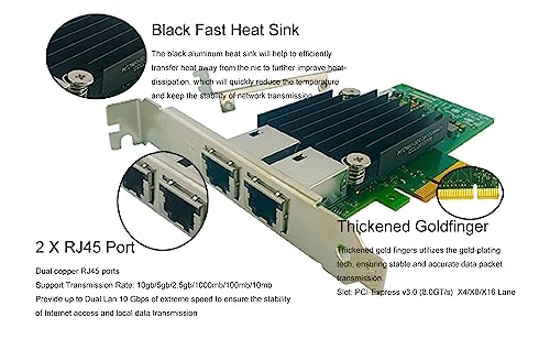 Lemspum 10Gb PCIE x4/x8/x16 Ethernet Network Adapter with Intel X550T2 Dual Copper RJ45 Port 1GbE/2.5GbE/5GbE/10GbE LAN Card NIC 10GBase-T X550AT Server Support Windows/Linux/VMware - Image 2