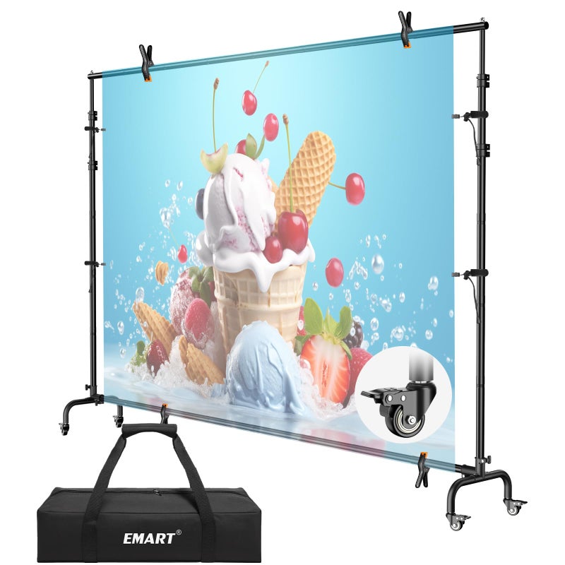 EMART 10x7.7ft Rolling Backdrop Stand with Wheels, Adjustable and Movable Photo Backdrop Banner Stand for Studio Photography, Wedding, Party Decoration, Video Recording, Events Decoration - Image 1